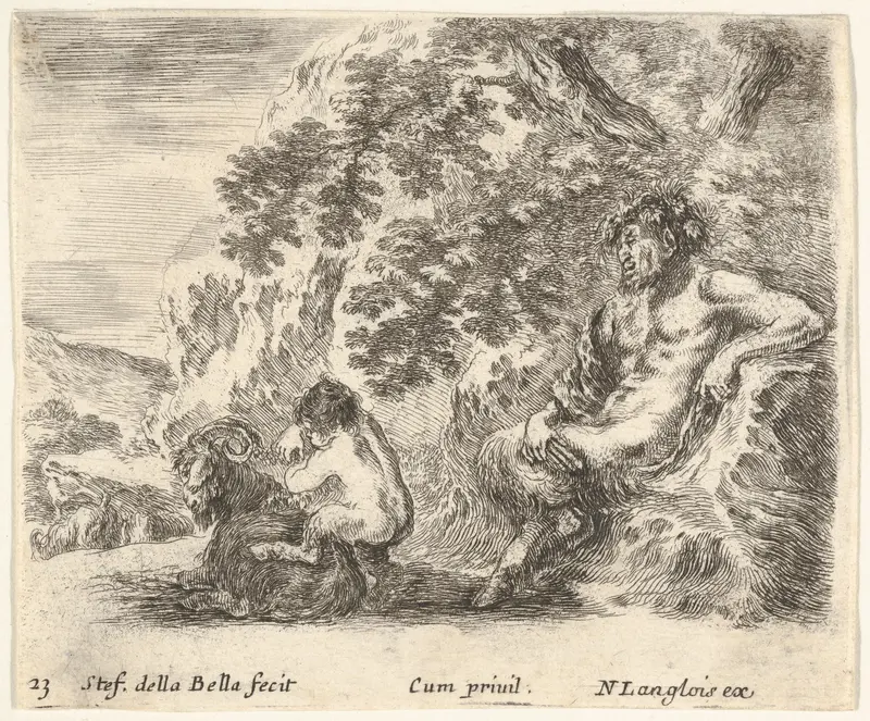 Plate 23: a satyr sitting against a tree to right and holding a flute in his right hand, a child playing with a goat to left, from "Diversi Capricci" Wall Art by Stefano della Bella - High-Resolution Digital Print