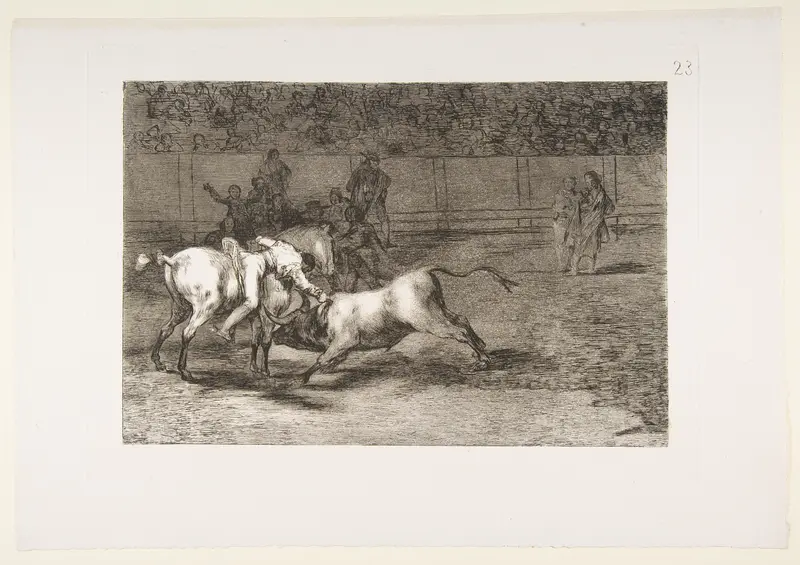 Plate 23 from "La Tauromaquia": Mariano Ceballos, alias the Indian, kills the bull from his horse Wall Art by Goya (Francisco de Goya y Lucientes) - High-Resolution Digital Print