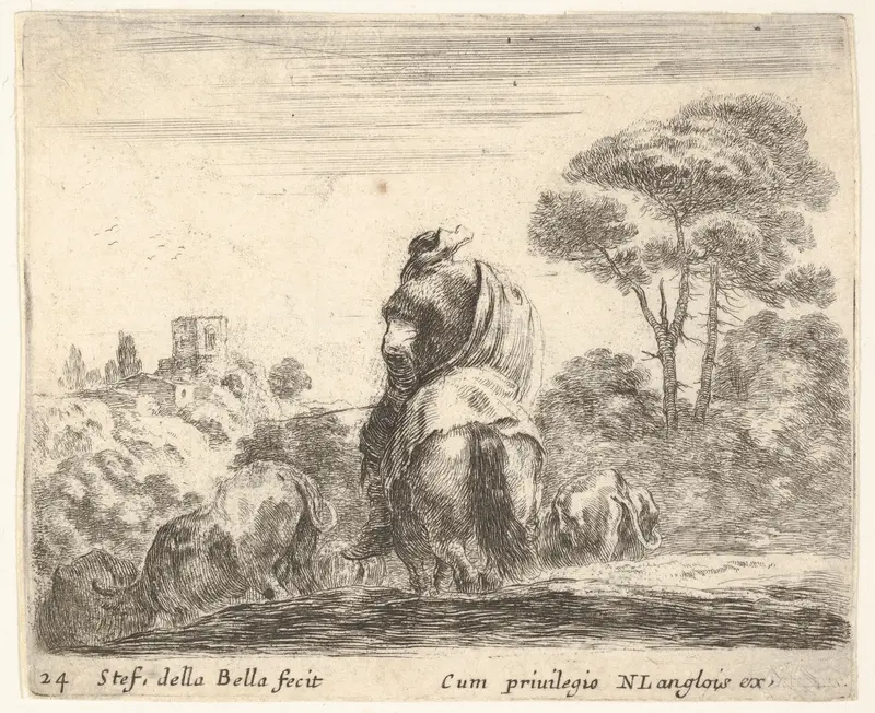 Plate 24: herdsman atop a horse, seen from behind, leads his cattle down a hill, a tower on a hill to left in the background, from "Diversi Capricci" Wall Art by Stefano della Bella - High-Resolution Digital Print