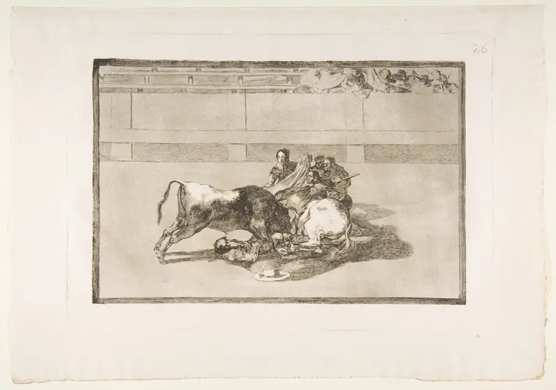 Plate 26 from "La Tauromaquia": A picador is unhorsed and falls under the bull Wall Art by Goya (Francisco de Goya y Lucientes) - High-Resolution Digital Print