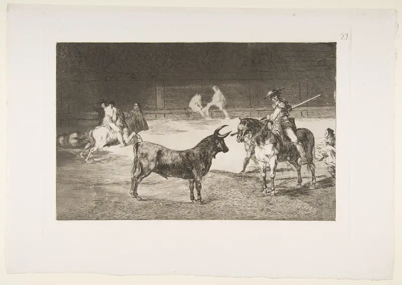 Plate 27 from "La Tauromaquia": The celebrated picador, Fernando del Toro, draws the fierce beast on with his pike Wall Art by Goya (Francisco de Goya y Lucientes) - High-Resolution Digital Print