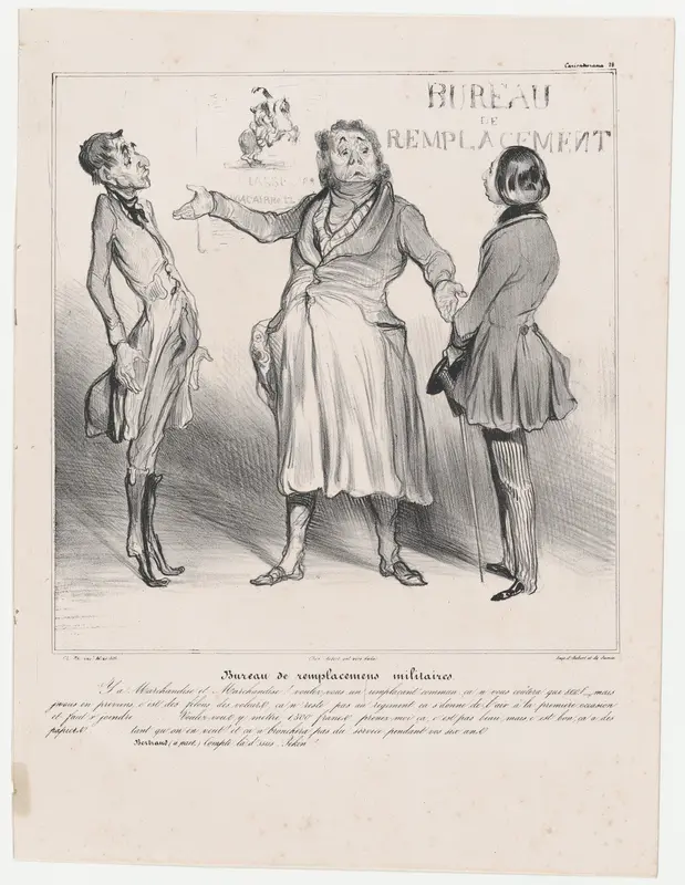 Plate 28: Conscript replacement agency, from 'Caricaturana,' published in Les Robert Macaires Wall Art by Honoré Daumier - High-Resolution Digital Print