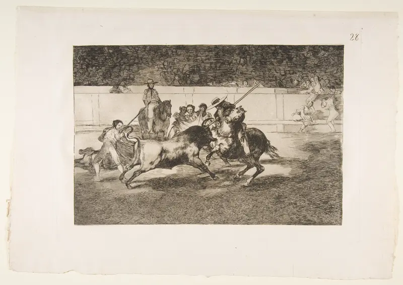 Plate 28 of "La Tauromaquia": The forceful Rendon stabs a bull with the pique, from which pass he died in the ring at Madrid Wall Art by Goya (Francisco de Goya y Lucientes) - High-Resolution Digital Print