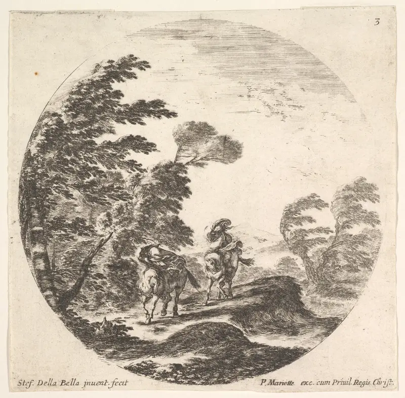 Plate 3: a gale in the forest, two horsemen wrapped in their cloaks, the wind blowing, from "Roman landscapes and ruins" (Paysages et ruines de Rome) Wall Art by Stefano della Bella - High-Resolution Digital Print