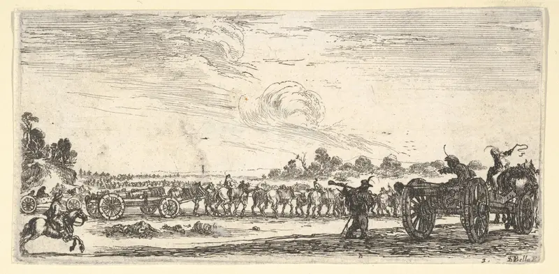Plate 3: a procession of horse-drawn cannons, riding to the right, a horse-drawn cannon to the right seen from the back, from "Troops, cannons, and attacks on towns" (Dessins de quelques conduites de troupes, canons, et ataques de villes) Wall Art by Stefano della Bella - High-Resolution Digital Print