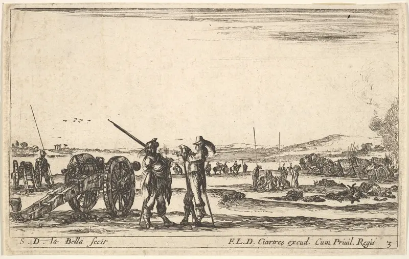 Plate 3: An officer giving orders to a soldier in centre foreground, cannon at left, from "Various Military Caprices" (Varii capricci militari) Wall Art by Stefano della Bella - High-Resolution Digital Print