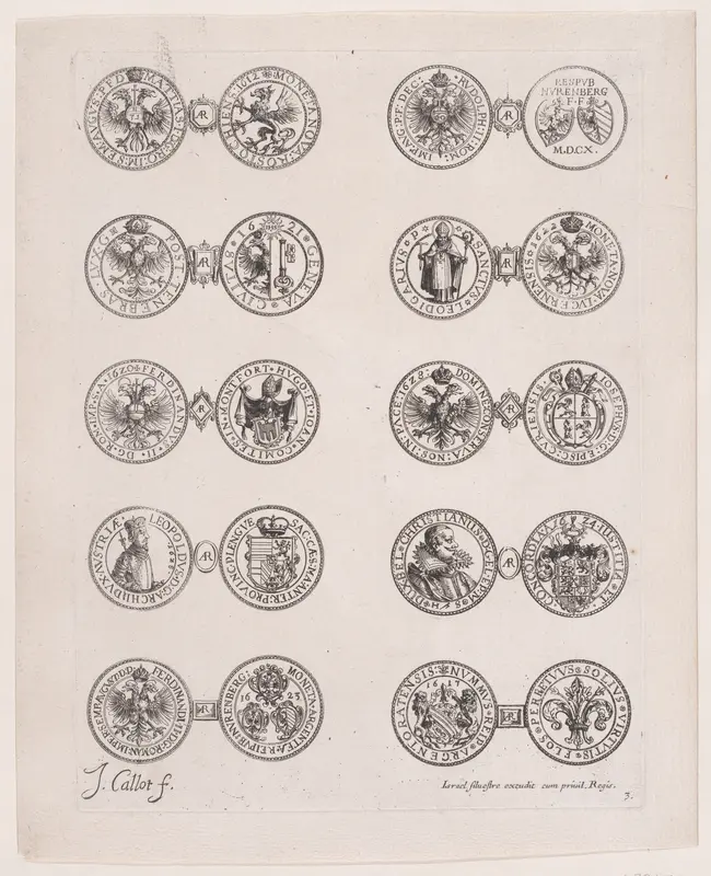 Plate 3, Featuring 10 Coins Issued by European Princes in the 16th and 17th centuries, from "Les Monnaies" (The Currencies) Wall Art by Jacques Callot - High-Resolution Digital Print