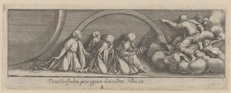 Plate 3: God Addressing Noah and his Sons, from Genesis Chapter 3, after a lost fresco in the basamento of Bay 13 of the Vatican Loggia Wall Art by Pietro Santi Bartoli - High-Resolution Digital Print