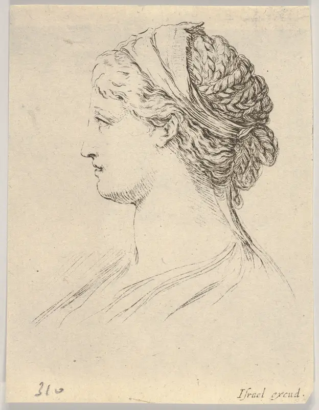 Plate 3: Head of a woman with braided hair, turned in profile to the right, from "Various heads and figures" (Diverses têtes et figures) Wall Art by Stefano della Bella - High-Resolution Digital Print