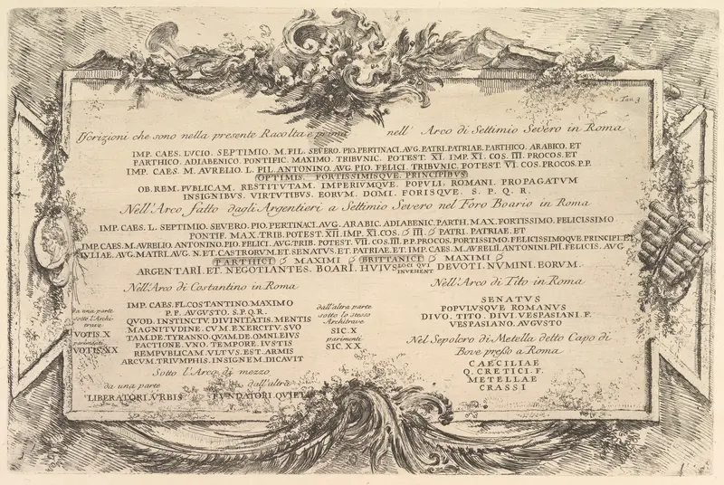 Plate 3: Inscriptions on Antiquities outside Rome with Index of Plates, from "Antichità Romane de' Tempi della Repubblica, e de' primi Imperatori"