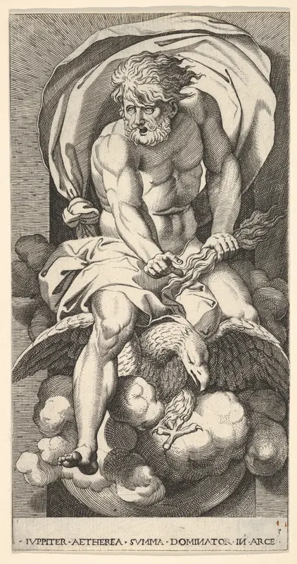 Plate 3: Jupiter emerging from a niche, riding an eagle and holding a thunderbolt in his left hand, from "Mythological Gods and Goddesses"