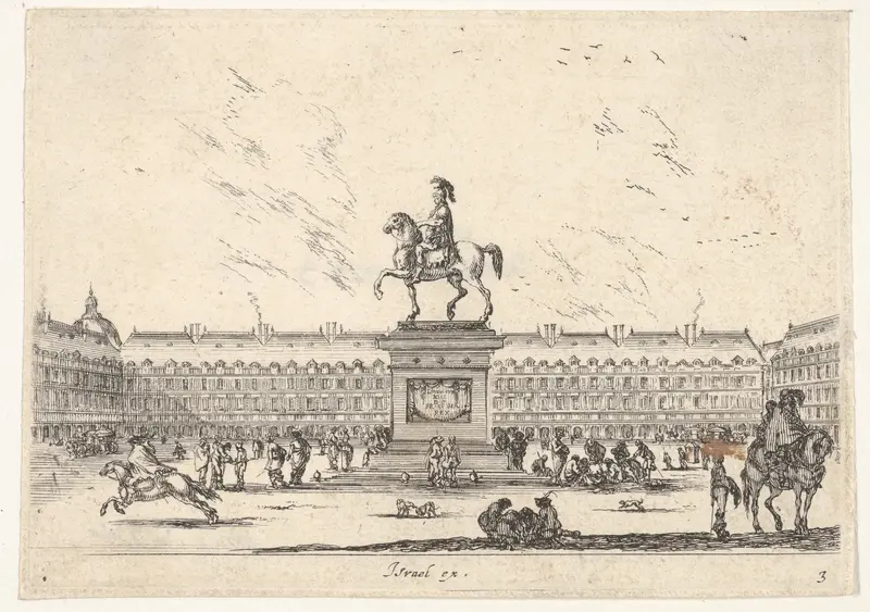 Plate 3: La Place Royale, equestrian statue of Louis XIII in profile facing the left in center, various horsemen and figures in background, from "Various Figures" (Agréable diversité de figures) Wall Art by Stefano della Bella - High-Resolution Digital Print
