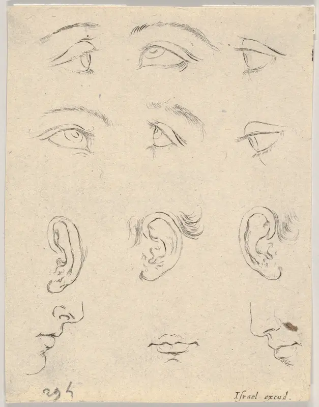 Plate 3: Six eyes, three ears, two profiles, and a mouth, from "The Book for Learning to Draw" (Livre pour apprendre à dessiner) Wall Art by Stefano della Bella - High-Resolution Digital Print
