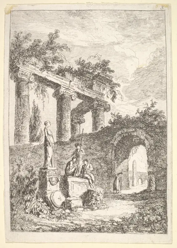 Plate 3: The Statue Before the Ruins: a statue to left next to three figures on a pedestal, a beggar standing in an archway to right, four columns and the remains of an entablature to top left, from "Les soirées de Rome" Wall Art by Hubert Robert - High-Resolution Digital Print