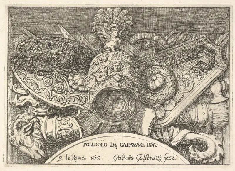 Plate 3: trophies of Roman arms from decorations above the windows on the second floor of the Palazzo Milesi in Rome Wall Art by Giovanni Battista Galestruzzi - High-Resolution Digital Print