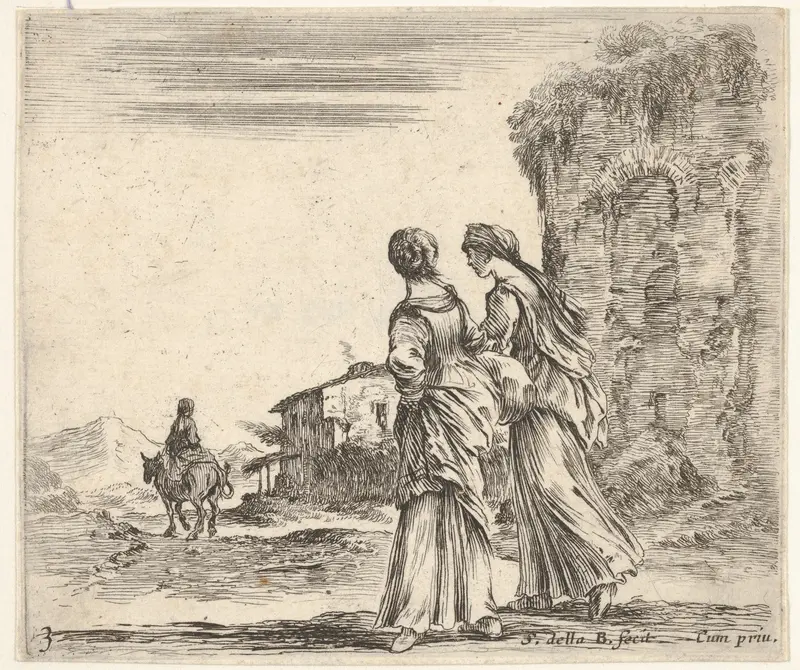 Plate 3: two girls walking towards the left, seen from behind, a woman on a horse to left in background, from "Diversi Capricci" Wall Art by Stefano della Bella - High-Resolution Digital Print