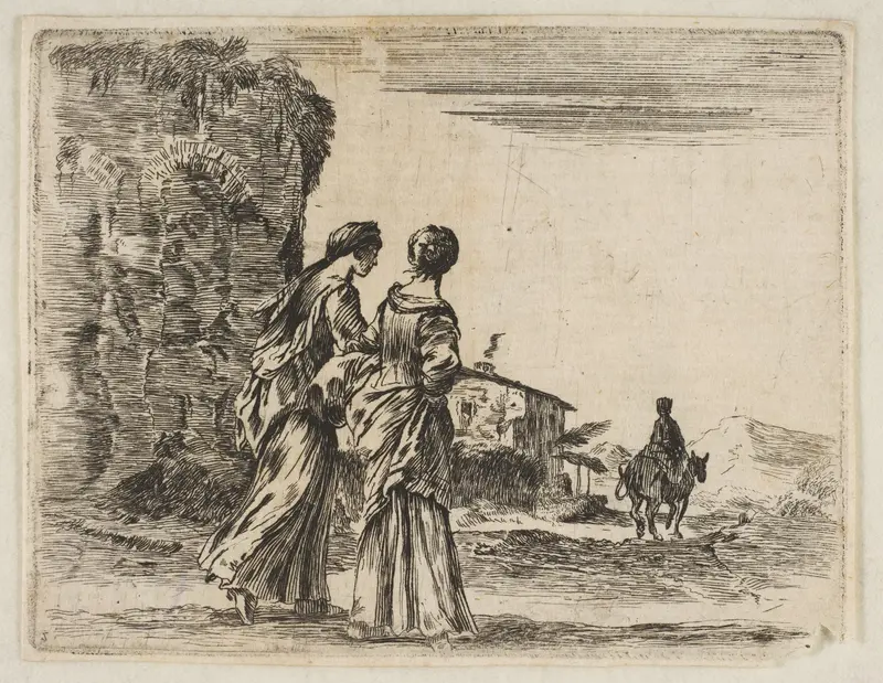 Plate 3: two girls walking towards the right, seen from behind, a woman on a horse to right in background, from "Diversi capricci" Wall Art by Stefano della Bella - High-Resolution Digital Print