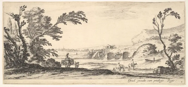 Plate 3: two horsemen crossing a river to right, a woman with two baskets atop a donkey to left, trees to the left and right, a bridge in the background, from "Various Landscapes" (Divers Paysages) Wall Art by Stefano della Bella - High-Resolution Digital Print