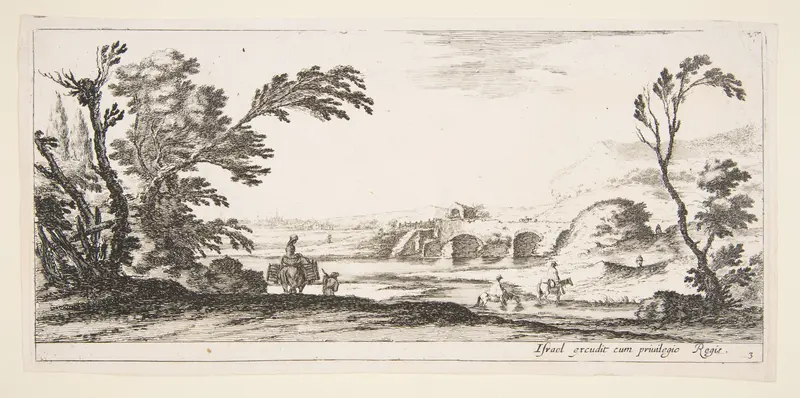Plate 3: two horsemen crossing a river to right, a woman with two baskets atop a donkey to left, trees to the left and right, a bridge in the background, from 'Various landscapes' (Divers paysages) Wall Art by Stefano della Bella - High-Resolution Digital Print