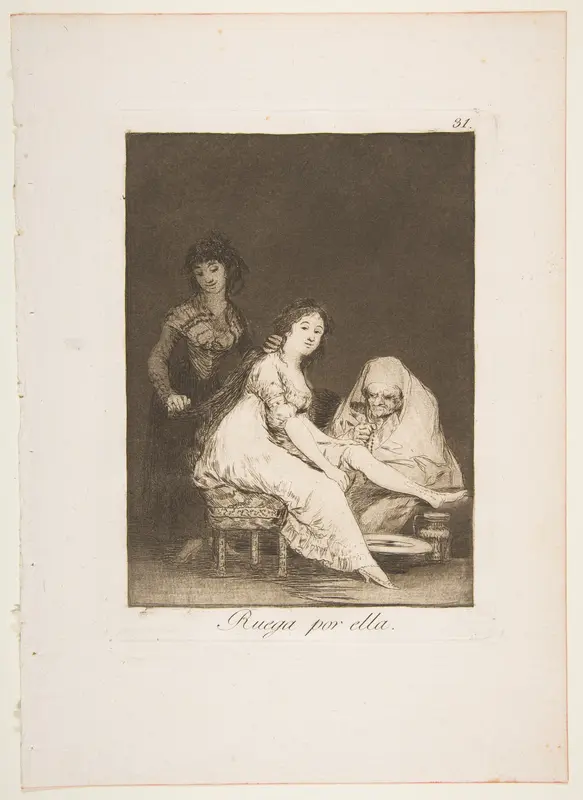 Plate 31 from "Los Caprichos": She prays for her (Ruega por ella)