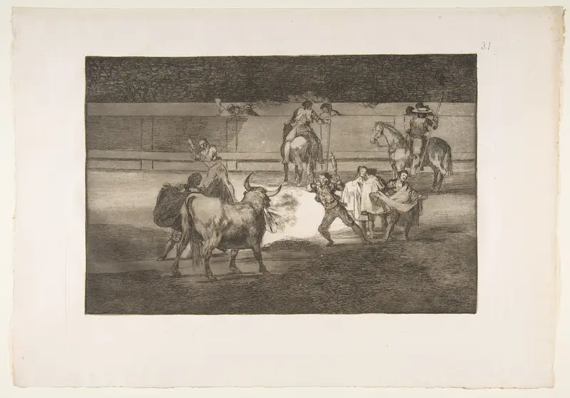 Plate 31 of "La Tauromaquia": Banderillas with firecrackers Wall Art by Goya (Francisco de Goya y Lucientes) - High-Resolution Digital Print