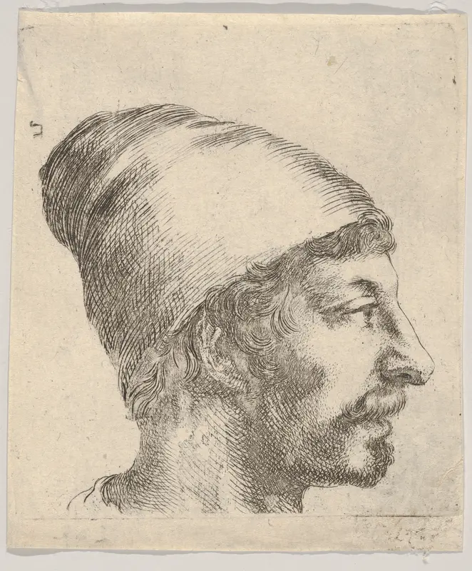 Plate 38: Head of a man with a moustache and cap, facing right in profile, from "Various Portraits" (Recueil de diverses pièces servant à l'art de portraiture) Wall Art by Stefano della Bella - High-Resolution Digital Print