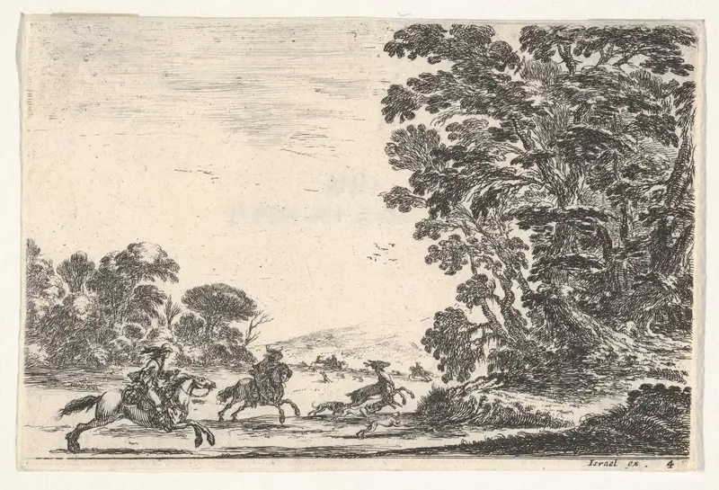 Plate 4: a deer hunt, two horsemen galloping towards the left behind three dogs and a deer, a group of trees to right, from "Various Figures" (Agréable diversité de figures) Wall Art by Stefano della Bella - High-Resolution Digital Print