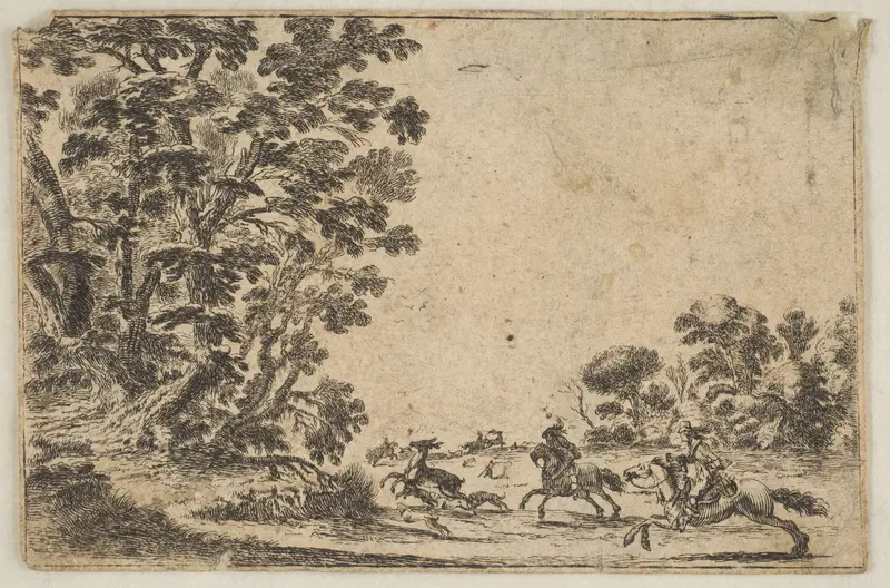 Plate 4: a deer hunt, two horsemen galloping towards the rightbehind three dogs and a deer, a group of trees to left, from "Various Figures" (Agréable diversité de figures) Wall Art by Stefano della Bella - High-Resolution Digital Print