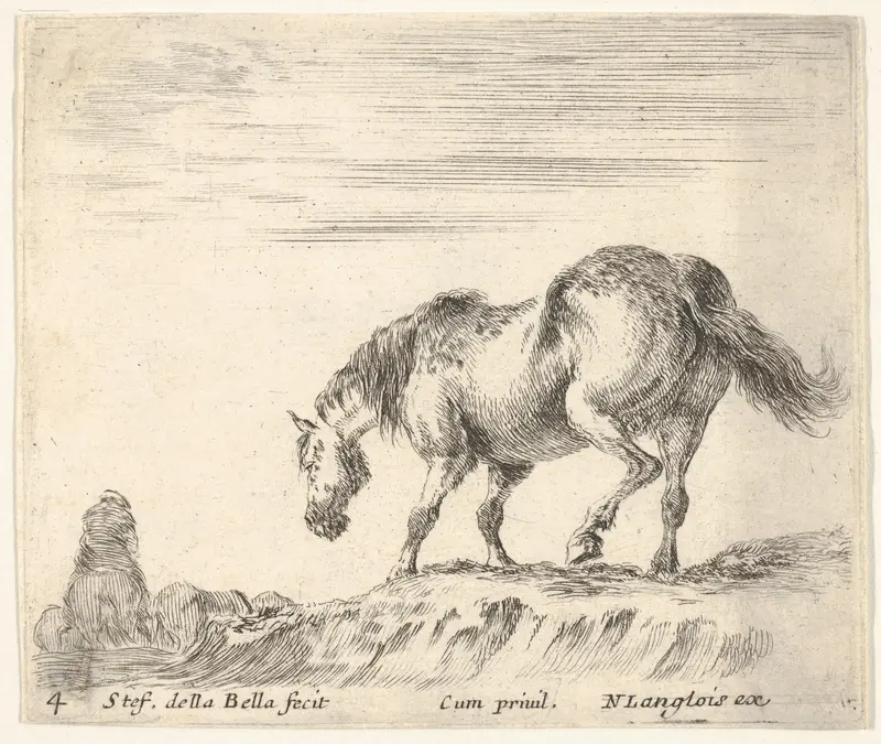 Plate 4: a horse in profile facing the left, about to descend from a mound, a horseman to left in background, from "Diversi Capricci" Wall Art by Stefano della Bella - High-Resolution Digital Print
