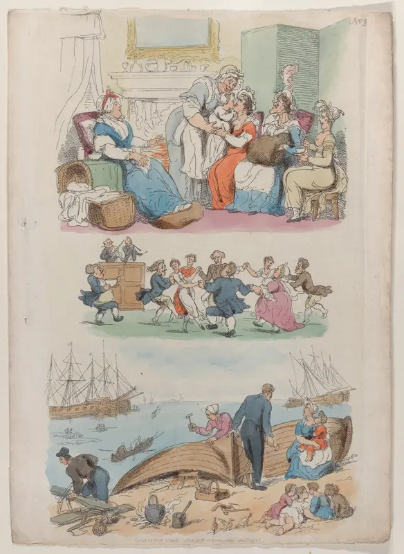 Plate 4: A Lying-in Visit, A Round Dance, from "World in Miniature" Wall Art by Thomas Rowlandson - High-Resolution Digital Print