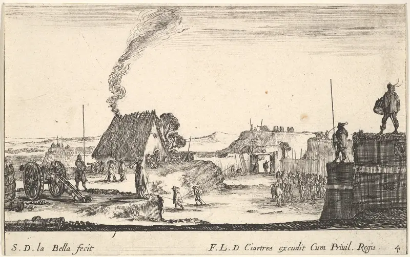 Plate 4: A military encampment with a soldier standing on a parapet to the right beating a drum, from "Various Military Caprices" (Varii capricci militari) Wall Art by Stefano della Bella - High-Resolution Digital Print