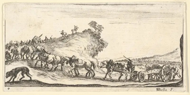Plate 4: a procession of cannons and horses riding uphill towards the left, a dog at lower left, from "Troops, cannons, and attacks on towns" (Dessins de quelques conduites de troupes, canons, et ataques de villes) Wall Art by Stefano della Bella - High-Resolution Digital Print