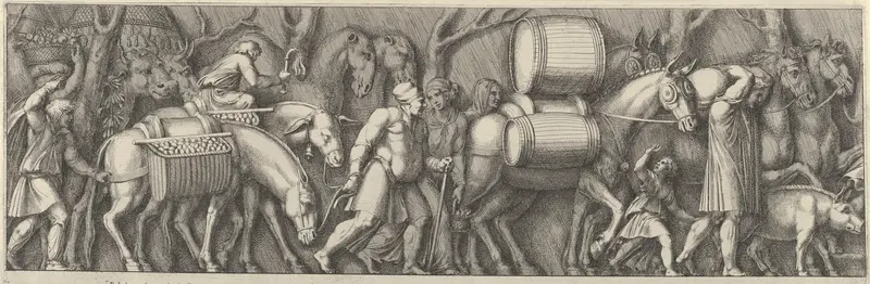 Plate 4: animals transporting goods being led by figures going to the right Wall Art by Pietro Santi Bartoli - High-Resolution Digital Print