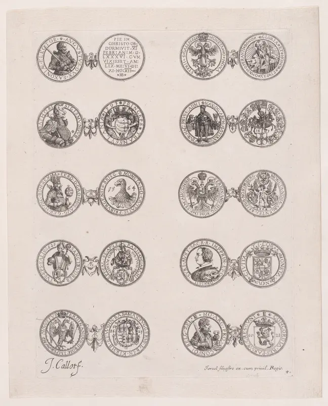 Plate 4, Featuring 10 Coins Issued by European Princes in the 16th and 17th centuries, from "Les Monnaies" (The Currencies) Wall Art by Jacques Callot - High-Resolution Digital Print