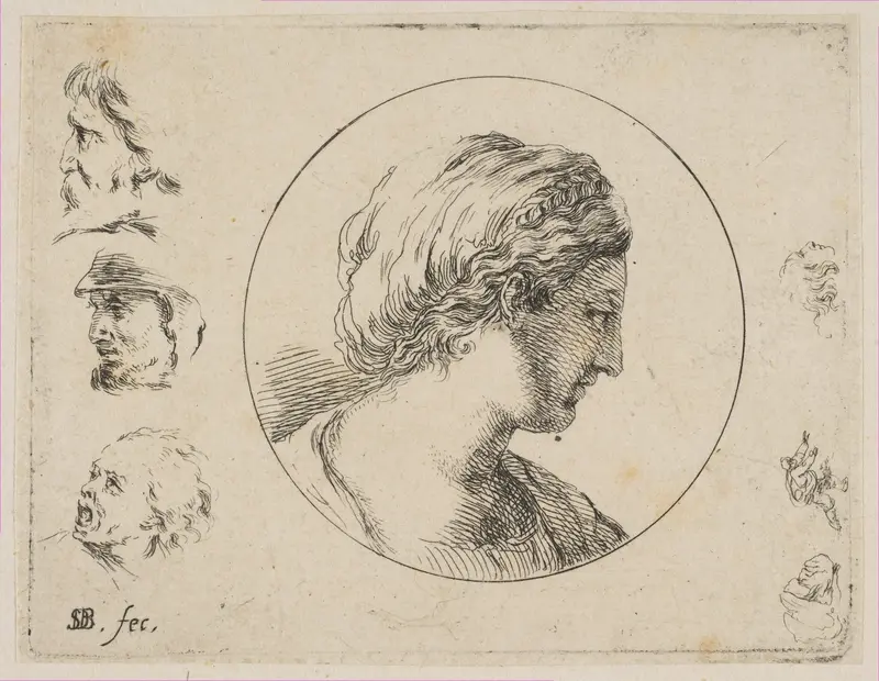 Plate 4: Head of a Woman in Profile, from 'Second collection of various doodles and etching proofs' (Second recueil de divers griffonnements et preuves d'eauforte) Wall Art by Stefano della Bella - High-Resolution Digital Print