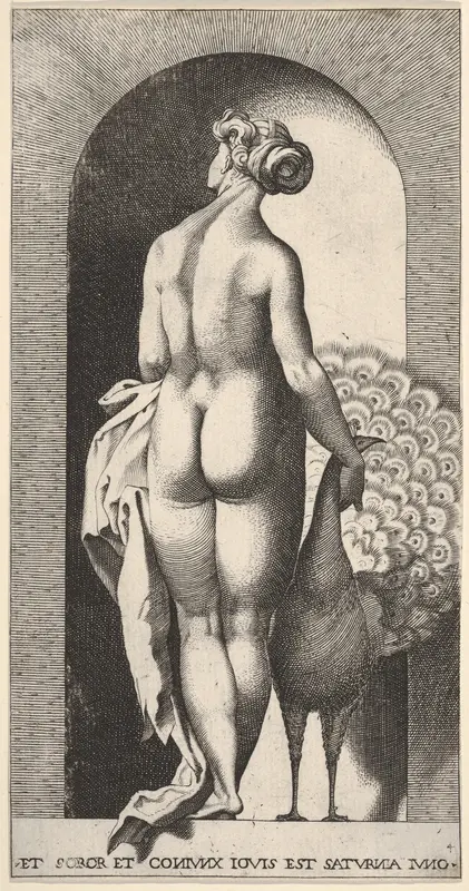 Plate 4: Juno standing in a niche, viewed from behind, stroking a peacock to her right, from "Mythological Gods and Goddesses"