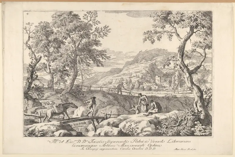 Plate 4: Landscape with man leading a pack horse across a wooden bridge, three figures in right foreground, the silhouette of a man standing at a fence beyond, from "Landscapes" Wall Art by Marco Ricci - High-Resolution Digital Print