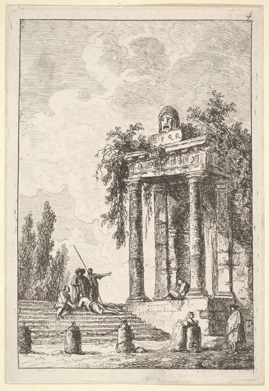 Plate 4: remains of a classical monument to right surmounted by a mask and tablet, a figure sitting on the porch, four figures on a staircase to left, four milestones below, from "Les soirées de Rome" Wall Art by Hubert Robert - High-Resolution Digital Print