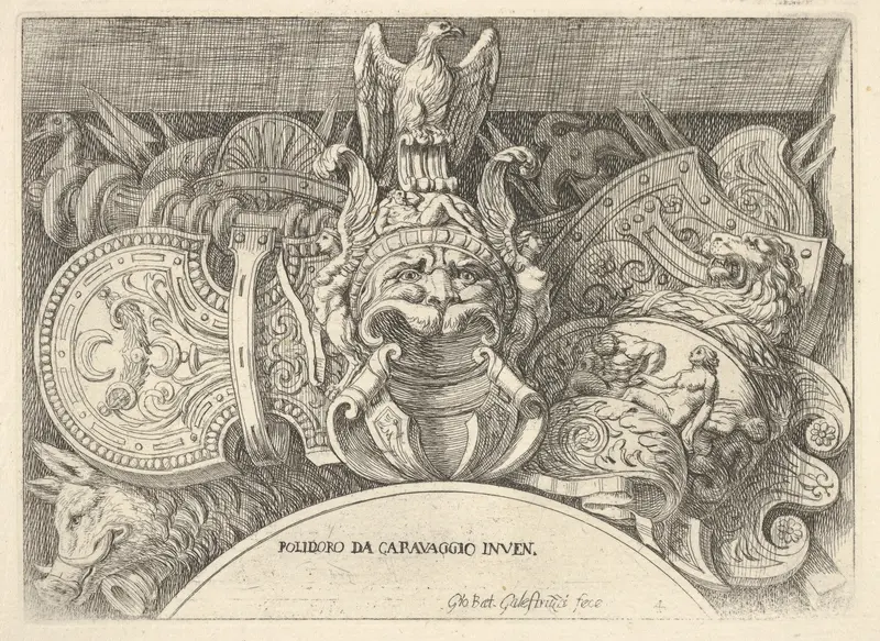 Plate 4: trophies of Roman arms from decorations above the windows on the second floor of the Palazzo Milesi in Rome Wall Art by Giovanni Battista Galestruzzi - High-Resolution Digital Print