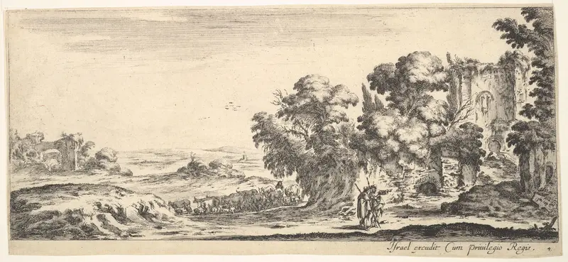 Plate 4: two pilgrims observing ruins to right, one pointing towards the right, a shepherd and a herd of cattle in center background, from "Various Landscapes" (Divers Paysages) Wall Art by Stefano della Bella - High-Resolution Digital Print