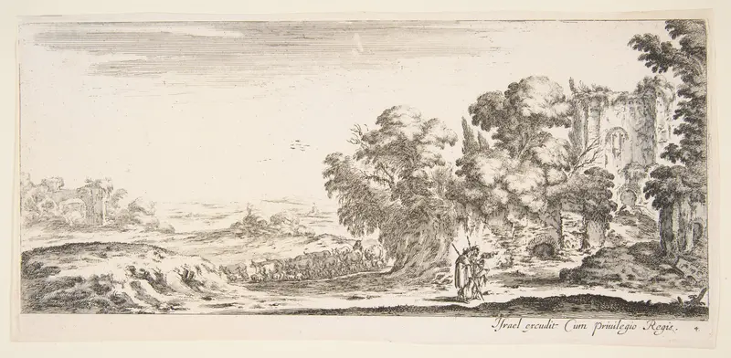 Plate 4: two pilgrims observing ruins to right, one pointing towards the right, a shepherd and a herd of cattle in center background, from 'Various landscapes' (Divers paysages) Wall Art by Stefano della Bella - High-Resolution Digital Print