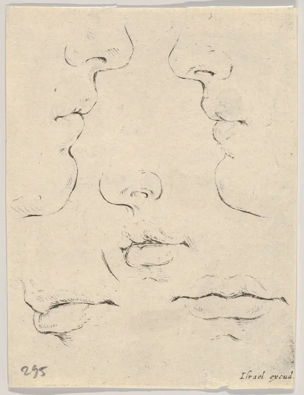 Plate 4: Two profiles and three mouths, from "The Book for Learning to Draw" (Livre pour apprendre à dessiner) Wall Art by Stefano della Bella - High-Resolution Digital Print
