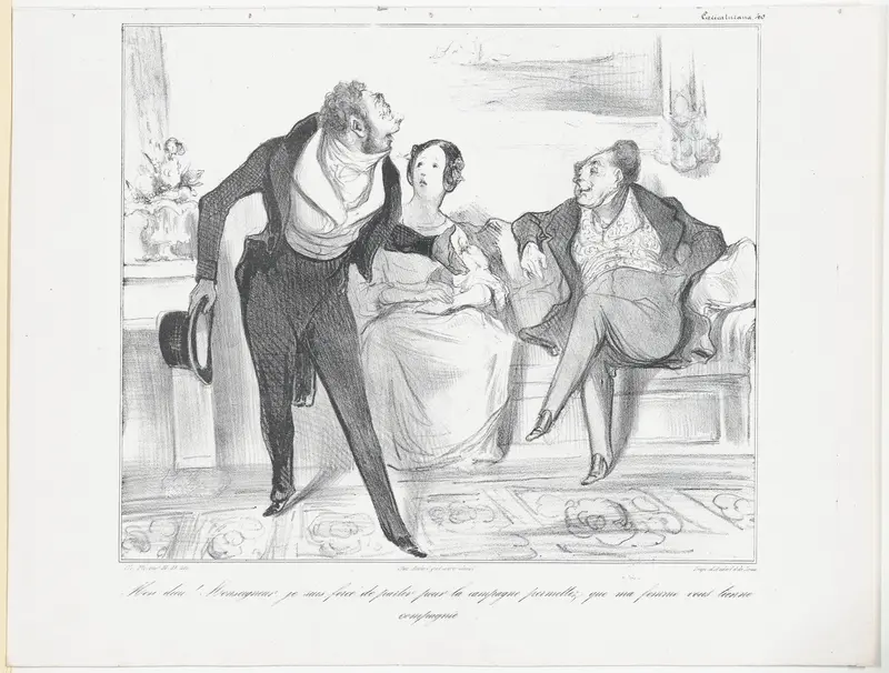 Plate 40: My God! Monseigneur, I am forced to leave for the countryside, allow me to leave my wife behind to keep you company, from 'Caricaturana,' published in Les Robert Macaires Wall Art by Honoré Daumier - High-Resolution Digital Print