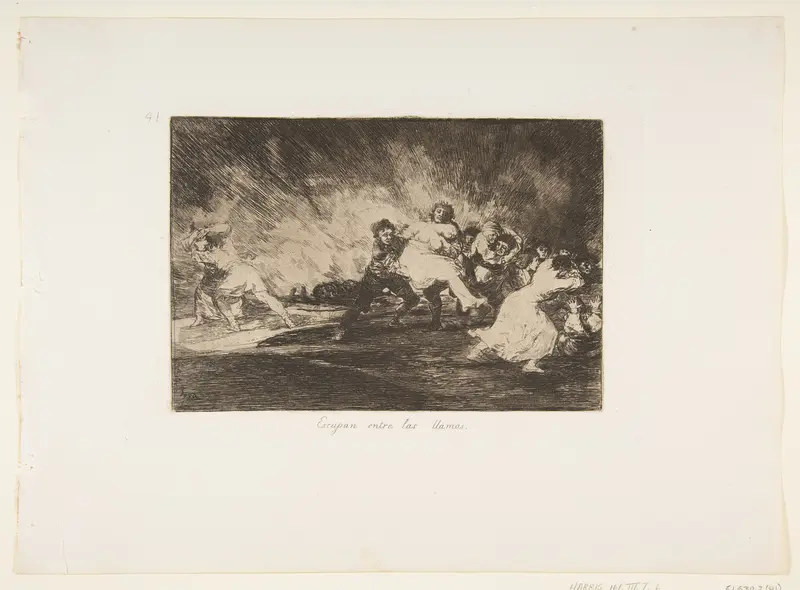 Plate 41 from "The Disasters of War" (Los Desastres de La Guerra): They escape through the flames (Escapan entre las llamas) Wall Art by Goya (Francisco de Goya y Lucientes) - High-Resolution Digital Print