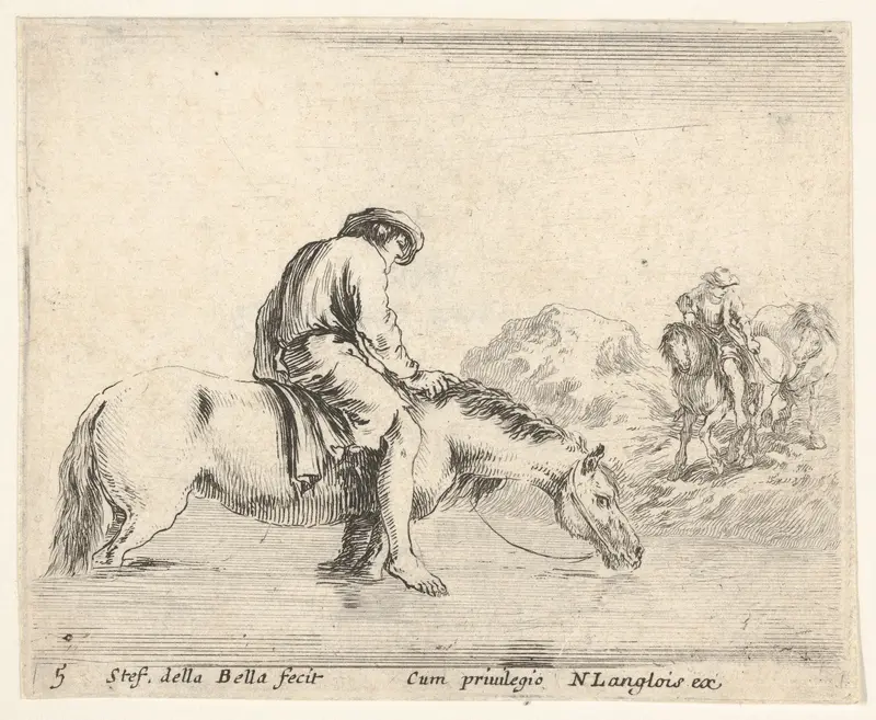Plate 5: a barefoot peasant on horseback crossing a river, another peasant on horseback and leading a horse on a bank to right in the background, from "Diversi Capricci" Wall Art by Stefano della Bella - High-Resolution Digital Print