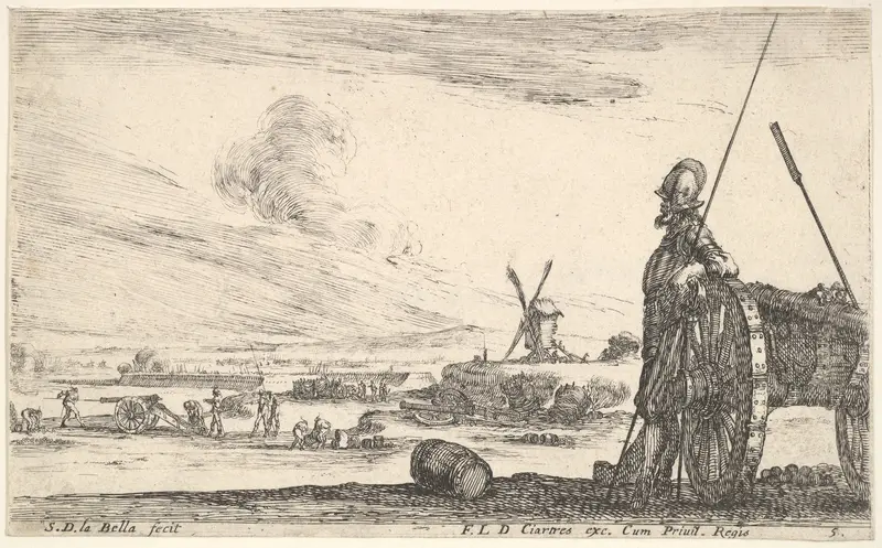 Plate 5: A Pikeman standing at right next to a canon, other military figures in the background, from "Various Military Caprices" (Varii capricci militari) Wall Art by Stefano della Bella - High-Resolution Digital Print