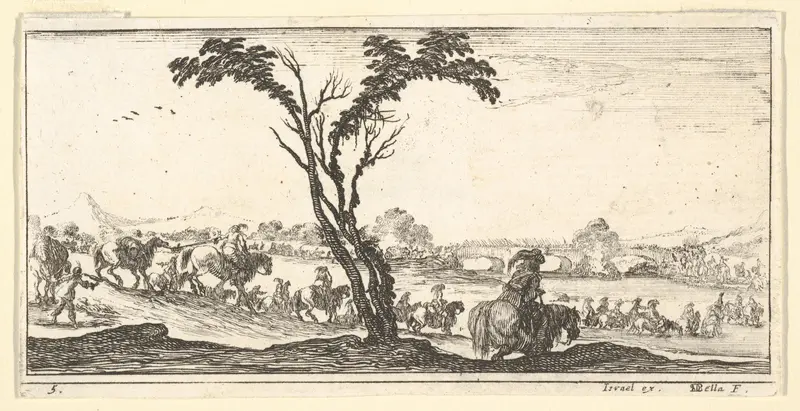 Plate 5: a procession of horsemen crossing a river, a tree at center, from "Troops, cannons, and attacks on towns" (Dessins de quelques conduites de troupes, canons, et ataques de villes) Wall Art by Stefano della Bella - High-Resolution Digital Print