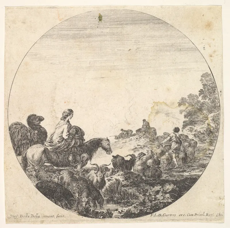 Plate 5: a woman carrying a child on a horse to left, a camel following her, a herd of goats, sheep, and a shepherd in front of her to right, from "Roman landscapes and ruins" (Paysages et ruines de Rome) Wall Art by Stefano della Bella - High-Resolution Digital Print