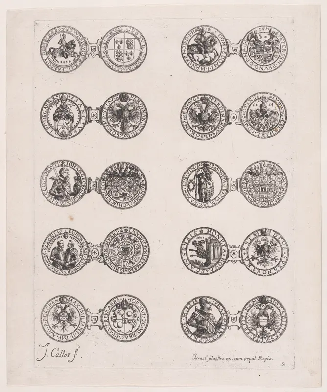 Plate 5, Featuring 10 Coins Issued by European Princes in the 16th and 17th centuries, from "Les Monnaies" (The Currencies) Wall Art by Jacques Callot - High-Resolution Digital Print