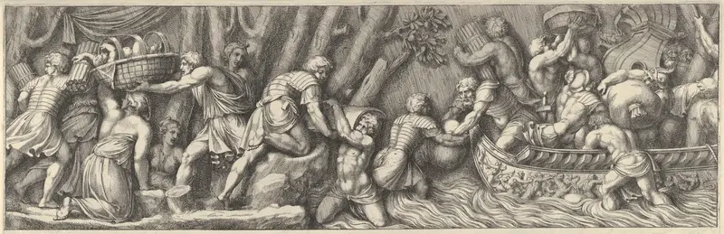 Plate 5: figures unloading goods from a boat at the right Wall Art by Pietro Santi Bartoli - High-Resolution Digital Print